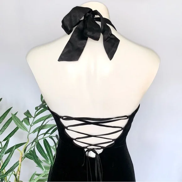 v i n t a g e :: Gorgeous Black Velvet Corset Tie Halter Maxi Dress - Picture 5 of 14
